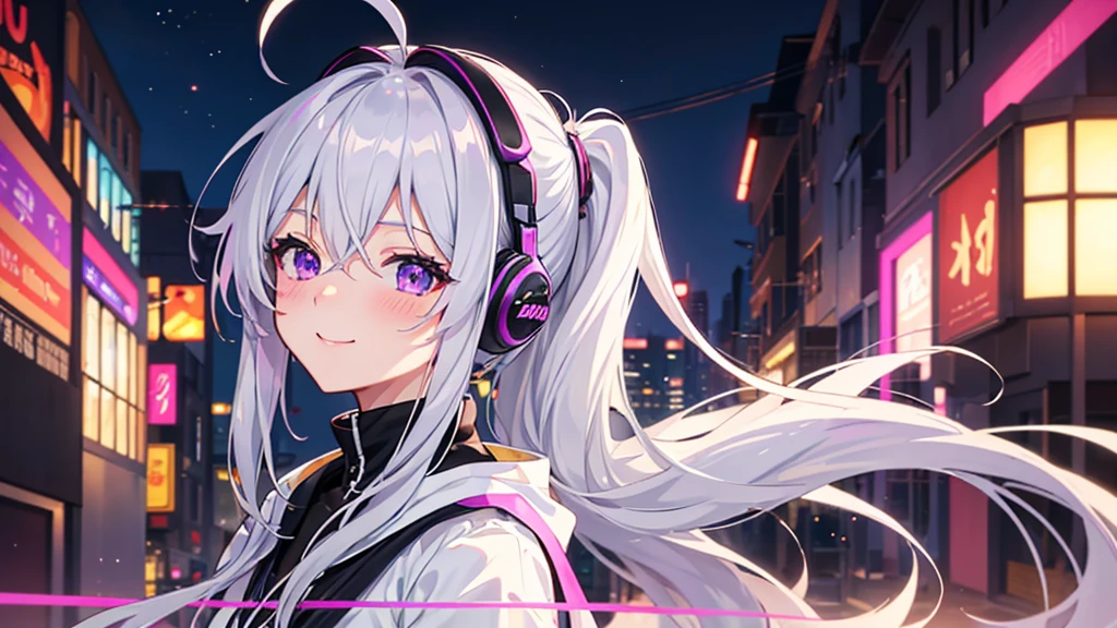 (（super detail, best quality, high quality, 1080P, 4K）),silver hair, ahoge, ponytail, headphones, purple eyes, light smile, blush, anime, anime style,(night view)