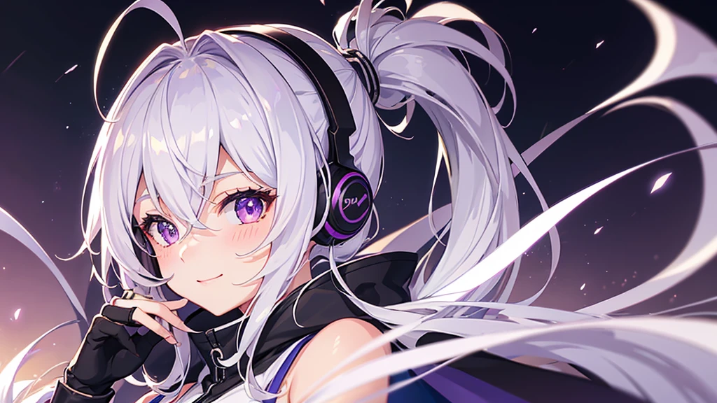 ((super detail, best quality, high quality, 1080P, 4K)),silver hair, ahoge, ponytail, headphones, purple eyes, light smile, blush, anime, anime style,(night view)