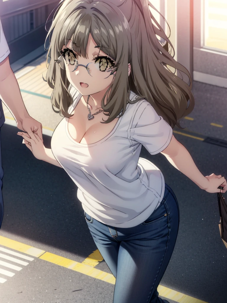 Riofutaba, Rio Futaba, Long Hair, Brown Hair, (Brown eyes:1.5), Glasses,Big Breasts,smile,Open your mouth,Red Tank Top,Heart Necklace,Short sleeve,skinny pants,Stiletto heels,Business Back,Walking,morning,morning陽,The sun is rising,whole bodyがイラストに入るように,
break outdoors, Building district,
break looking at viewer, whole body,
break (masterpiece:1.2), Highest quality, High resolution, unity 8k wallpaper, (figure:0.8), (Beautiful attention to detail:1.6), Highly detailed face, Perfect lighting, Highly detailed CG, (Perfect hands, Perfect Anatomy),