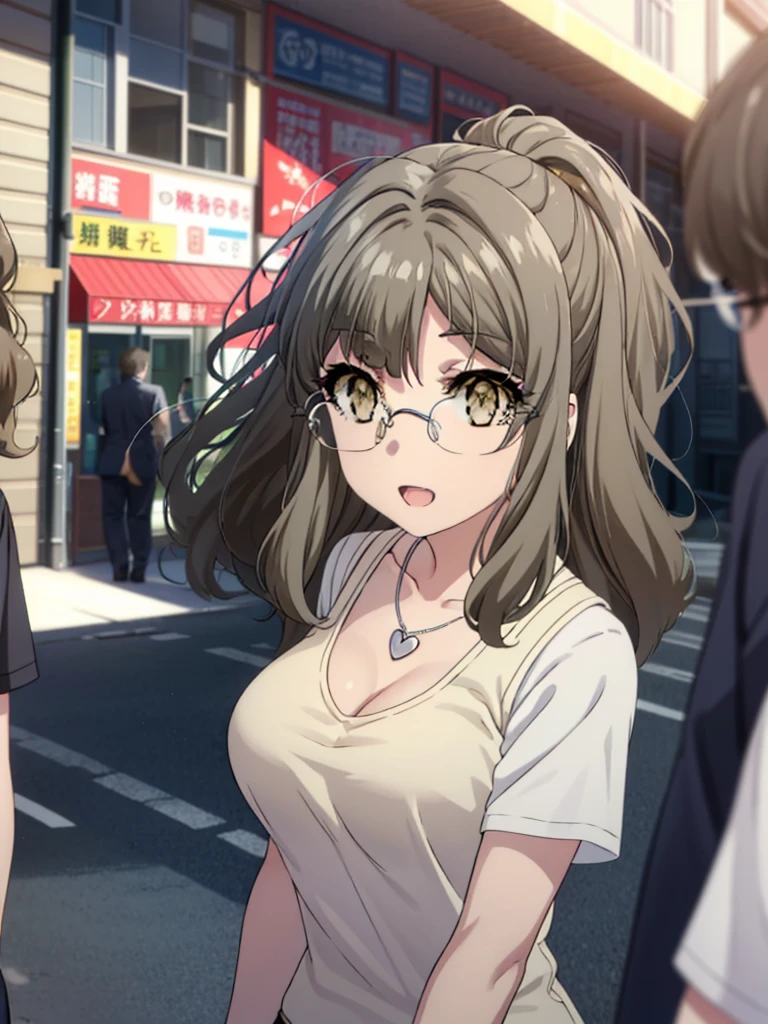 Riofutaba, Rio Futaba, Long Hair, Brown Hair, (Brown eyes:1.5), Glasses,Big Breasts,smile,Open your mouth,Red Tank Top,Heart Necklace,Short sleeve,skinny pants,Stiletto heels,Business Back,Walking,morning,morning陽,The sun is rising,whole bodyがイラストに入るように,
break outdoors, Building district,
break looking at viewer, whole body,
break (masterpiece:1.2), Highest quality, High resolution, unity 8k wallpaper, (figure:0.8), (Beautiful attention to detail:1.6), Highly detailed face, Perfect lighting, Highly detailed CG, (Perfect hands, Perfect Anatomy),