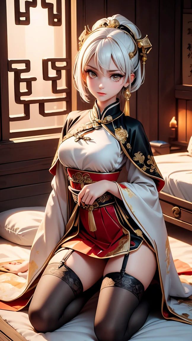 A very beautiful 19 year old woman, ((white  hair: 0,8)), bob haircut, shorth hair, ((yellow  eyes:1,2)) ((Glowing gold Eyes:0,3)) red nails, young and beautiful face, brawny, slim body, but well proportioned, perfect white skin, high detailed drawing, lifelike face. (((Wearing traditional Chinese imperial clothing, black with gold decorations:0,8))) ((black clothes with gold details:0,3)) ((black cloak with golden decorations:0,3)) ((black dress with gold details,)) (((red skirt with gold details:0,8))) ((red short skirt:0,3)) ((red skirt with gold details:0,3)) ((with red Hanafuda earrings:0,3)) ((black garter belt with thigh high stockings:0,3)) Kneeling on a white bed in an ancient Chinese room, with full moon and stars visible through the window at night, with flashes of light reflecting off your body. 4k anime art, perfect lighting.