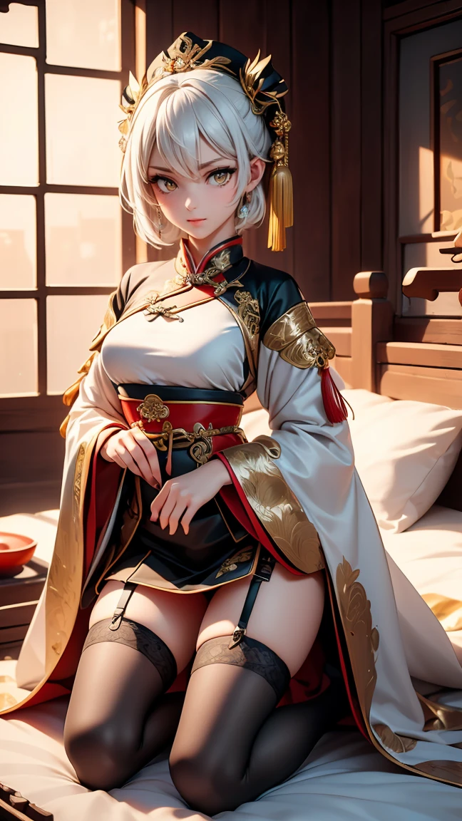 A very beautiful 19 year old woman, ((white hair: 0,8)), bob haircut, shorth hair, ((yellow eyes:1,2)) ((Glowing gold Eyes:0,3)) red nails, young and beautiful face, brawny, slim body, but well proportioned, perfect white skin, high detailed drawing, lifelike face. (((Wearing traditional Chinese imperial clothing, black with gold decorations:0,8))) ((black clothes with gold details:0,3)) ((black cloak with golden decorations:0,3)) ((black dress with gold details,)) (((red skirt with gold details:0,8))) ((red short skirt:0,3)) ((red skirt with gold details:0,3)) ((with red Hanafuda earrings:0,3)) ((black garter belt with thigh high stockings:0,3)) Kneeling on a white bed in an ancient Chinese room, with full moon and stars visible through the window at night, with flashes of light reflecting off your body. 4k anime art, perfect lighting.