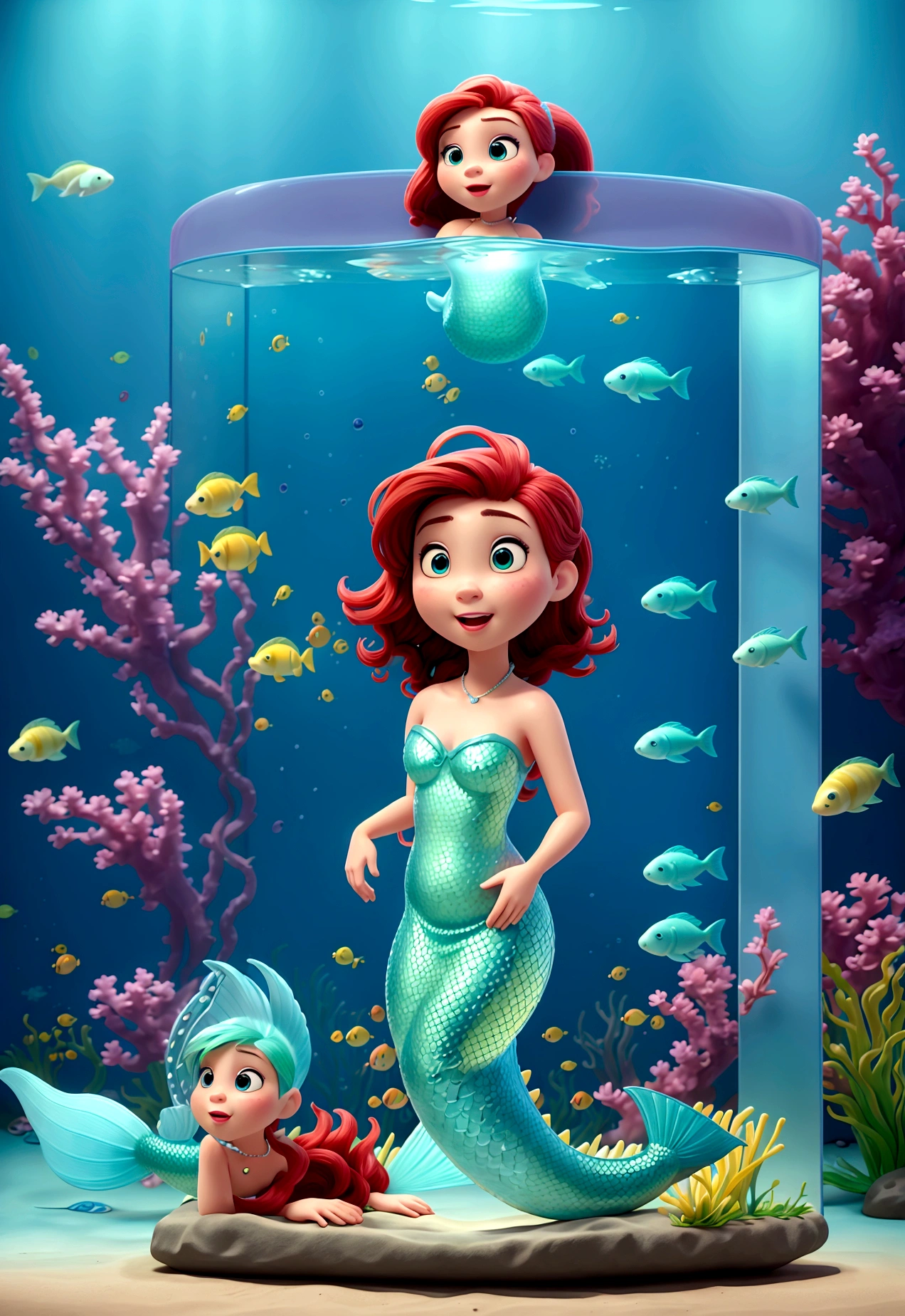Aquarium Background、A woman is surprised at a digital sign、Friends Next to Me、A digital billboard shows me as a mermaid、Pixar、