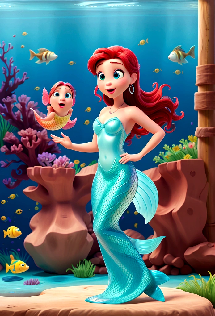 Aquarium Background、A woman is surprised at a digital sign、Friends Next to Me、A digital billboard shows me as a mermaid、Pixar、