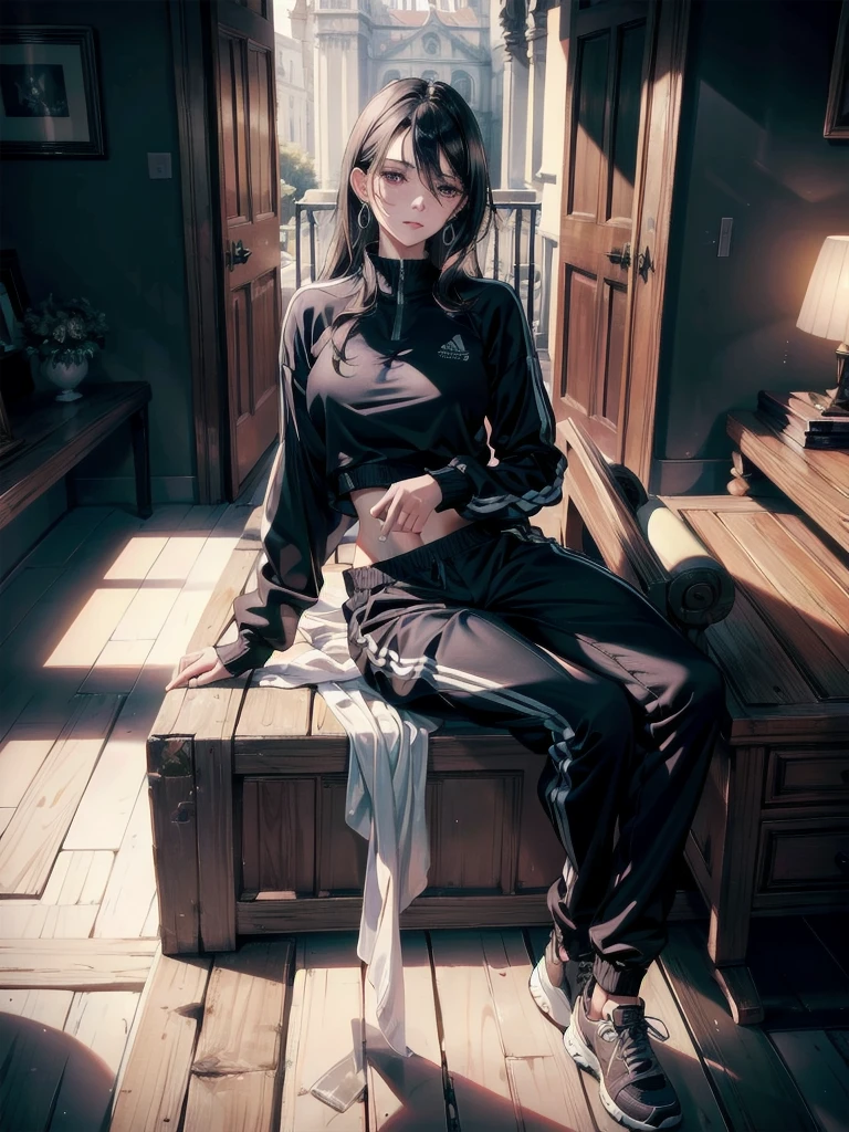 absurdres, RAW photo, extremely delicate and beautiful, masterpiece, Best Quality, ultra high resolution, 32k, hyperrealistic, ultra-detailed, delicate facial features, beautiful detailed woman, tearful mole, earring, medium breasts, full body shot, medium hair, black hair, tracksuit, shorts, navel, 