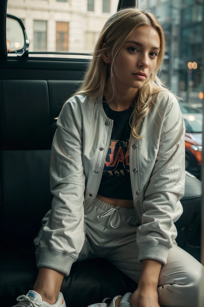 blonde woman sitting on a car backseat, wearing puffy jacket and sweatpants with sneakers, detailed portrait, realistic, cinematic lighting, warm color tones, (best quality,4k,8k,highres,masterpiece:1.2),ultra-detailed,(realistic,photorealistic,photo-realistic:1.37),HDR,UHD,studio lighting,ultra-fine painting,sharp focus,physically-based rendering,extreme detail description,professional,vivid colors,bokeh,portrait