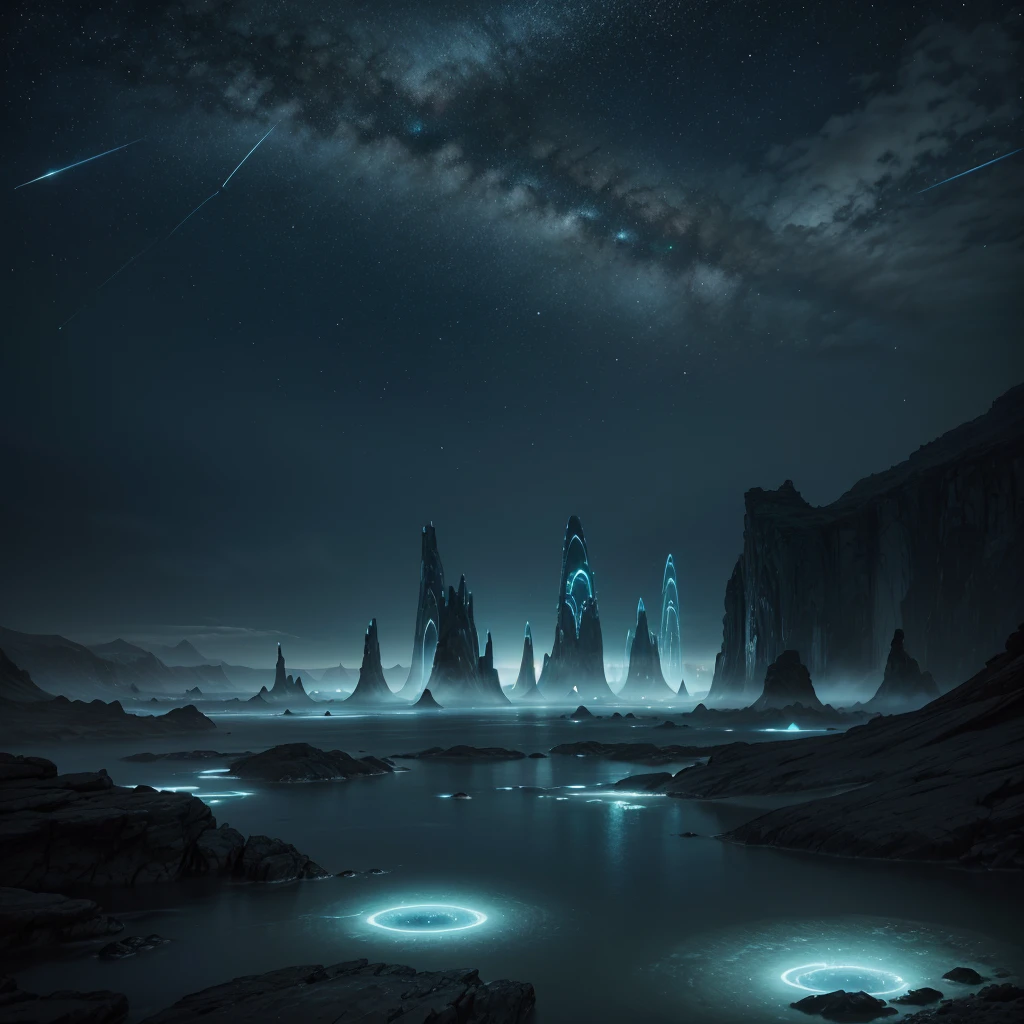 Create an ultra-realistic image of a stunning, futuristic landscape inspired by the Halo series. The scene should depict a vast alien planet with an expansive, open horizon. Include towering, crystalline structures that rise from the ground, reflecting and refracting light in a mesmerizing way. Surround these structures with bioluminescent flora, which glows softly in various shades of blue and green, creating a surreal and otherworldly atmosphere.

The sky should be a deep, star-filled expanse with several luminous moons and distant nebulae visible. Add floating platforms or islands suspended in the air, connected by elegant, futuristic bridges. Incorporate a serene river that winds through the landscape, with its waters shimmering under the light of the moons.

In the foreground, place a few alien wildlife forms, like elegant, luminescent creatures grazing near the river or hovering near the crystalline structures. The background should include distant mountains with peaks that pierce the sky, and a gentle mist that adds depth and mystery to the scene. The overall ambiance should be peaceful and awe-inspiring, highlighting the blend of natural beauty and advanced alien technology.