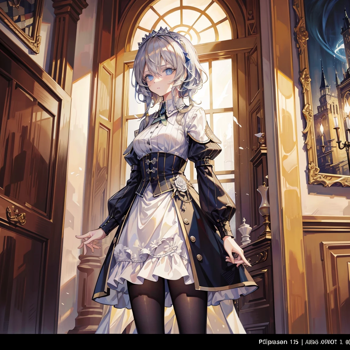 Official Art, European Masterpiece Women&#39;s Clothing,, light blonde , Dark blue glasses、best quality、high resolution:International chess，Chess and cards，atmosphere，Looking up，Wearing a crown，Dressed in a fancy costume，Long hair，think，Chess Player，Colorful story，vibrant light，Complex design，Oil painting of ribbon fluttering in the wind，至尊atmosphere，Sitting，Gothic，Play chess