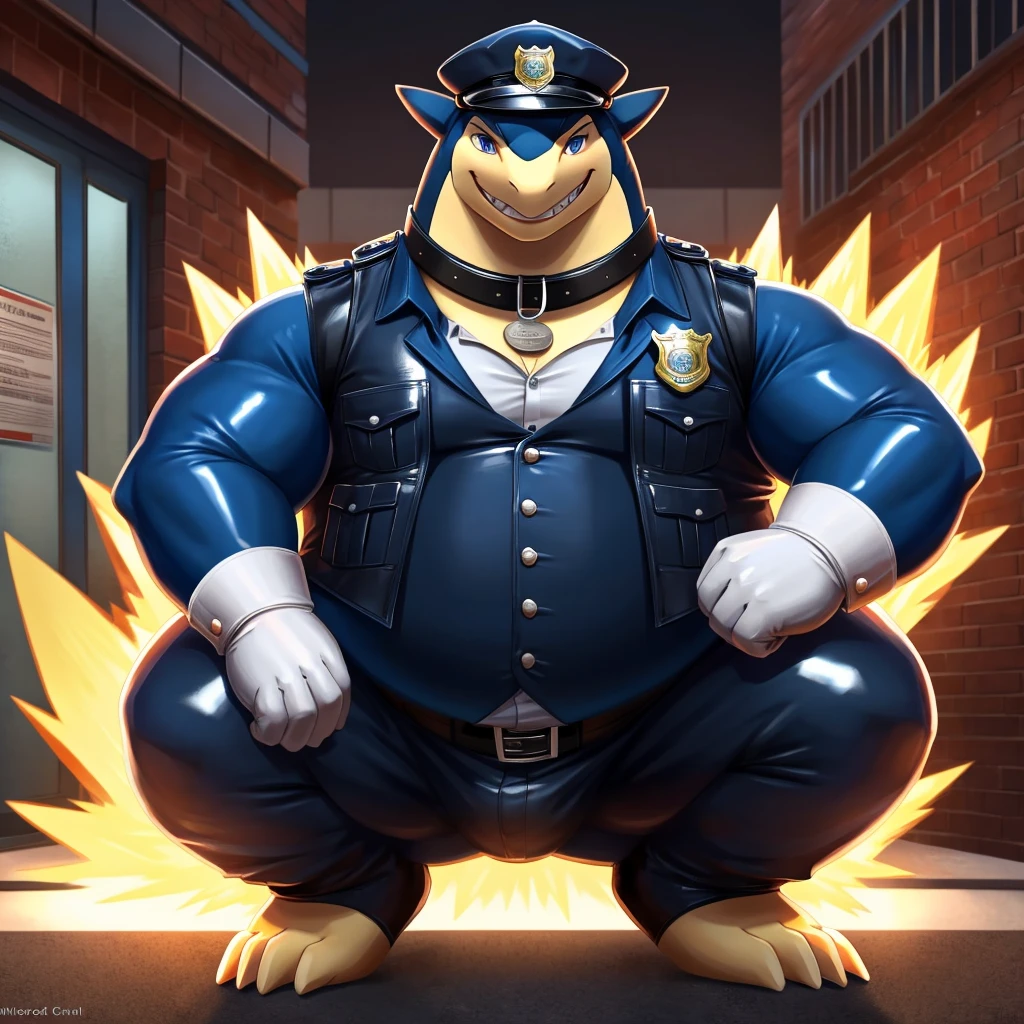 Solo, Male, fat, squatting, extremely obese, gentleman, dapper Typhlosion, blue eyes, (soft shading), 4k, hi res, ((detailed face, detailed)), looking at viewer, evil grin, police station, collared shirt with buttons, hat, male focus, Police Uniform, glasses, monocle, vest with buttons, sleeves rolled up, round eyewear, headwear, vest, Typhlosion is wearing a glossy leather dog collar around the neck, Typhlosion is wearing the leather collar and shirt and vest at the same time, Typhlosion is wearing glossy white rubber gloves on the hands, wearing white rubber gloves on the feet, Typhlosion is wearing glossy white cuffs around the wrists with cufflinks, gloves are rubber in texture, clenching teeth, clenching fists, leather collar is glossy and shiny with a lot of detail, Typhlosion is wearing gloves and cuffs and cufflinks at the same time, leather collar has a round dog-tag, leather collar is thick and detailed.