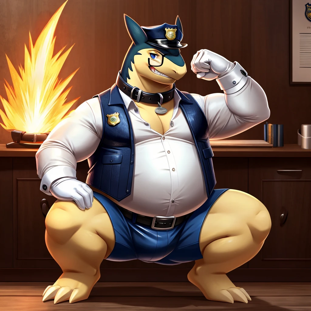 Solo, Male, fat, squatting, extremely obese, gentleman, dapper Typhlosion, blue eyes, (soft shading), 4k, hi res, ((detailed face, detailed)), looking at viewer, evil grin, police station, collared shirt with buttons, hat, male focus, Police Uniform, glasses, monocle, vest with buttons, sleeves rolled up, round eyewear, headwear, vest, Typhlosion is wearing a glossy leather dog collar around the neck, Typhlosion is wearing the leather collar and shirt and vest at the same time, Typhlosion is wearing glossy white rubber gloves on the hands, wearing white rubber gloves on the feet, Typhlosion is wearing glossy white cuffs around the wrists with cufflinks, gloves are rubber in texture, clenching teeth, clenching fists, leather collar is glossy and shiny with a lot of detail, Typhlosion is wearing gloves and cuffs and cufflinks at the same time, leather collar has a round dog-tag, leather collar is thick and detailed.
