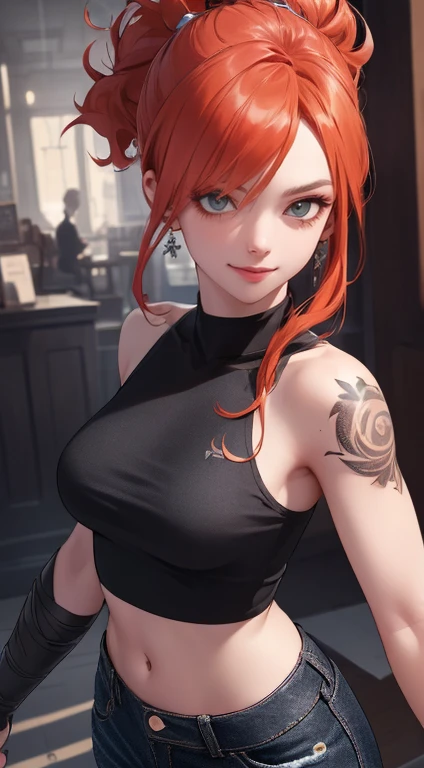 Beautiful eyes, (croptop), (black jeans), (full arm tattoo), illustration, (shop background) ((masterpiece)), (best quality), ((ultra-detailed)), beautiful detailed eyes, (wampire), ((modern landscape)), (original, highres), realism, semi-realism, (overexposure, illustration, ambient light), (beautifully detailed), (ultra-detailed), (light-shadow_symmetry:1.3), smooth, (perfect shading), (perfect rendering), (dynamic angle, natural pose), ((good anatomy)), (smile), demonic aura, (luscious ginger hair), (hair over one eye), (detailed face), ((intricate face)), smile, depth of field, dynamic from above, cinematic lighting, (photorealistic), (sharp-focus)