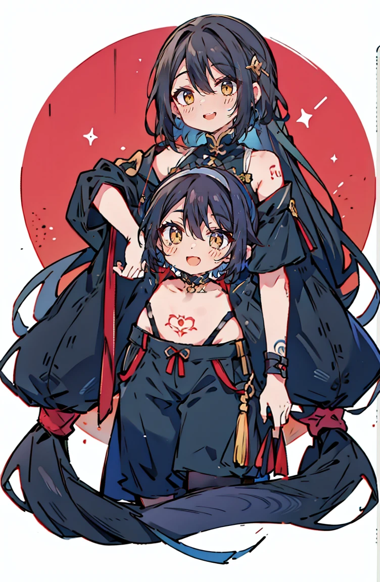 Black hair and yellow eyes、Right cheek to both hands、He has a centipede tattoo across his abdomen.（He also has a centipede tattoo on his left ring finger.）。She has long, wavy black hair tied up on the left side.。A nun&#39;s habit combined with black high-necked underwear and a blue and white ruffled camisole dress.（The same goes for bedtime.）Wearing a khaki parka with fur、White knee socks on the left leg（Right knee injury、No knee socks on the right leg）。She is wearing black pumps。The bandage on his right knee is a sign of past abuse.。