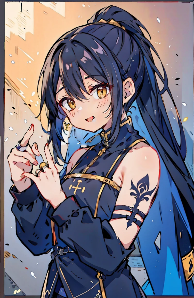 Black hair and yellow eyes、Right cheek to both hands、He has a centipede tattoo across his abdomen.(He also has a centipede tattoo on his left ring finger.)。She has long, wavy black hair tied up on the left side.。A nun's habit combined with black high-necked underwear and a blue and white ruffled camisole dress.(The same goes for bedtime.)Wearing a khaki parka with fur、White knee socks on the left leg(Right knee injury、No knee socks on the right leg)。She is wearing black pumps。The bandage on his right knee is a sign of past abuse.。