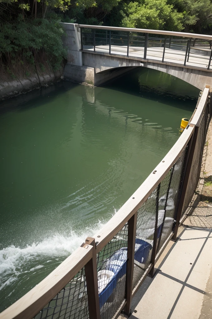 A barrier of drums in the narrow transverse river directed to contain trash and with an automatic basket to dispose of trash in a damper on the side of the river