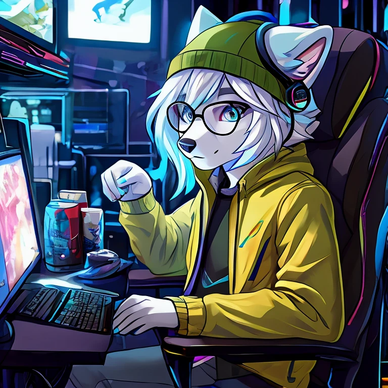 arctic fox, mascle, yellow jacket, moss green cap, wearing glasses, sitting on an economical chair, using gaming headphones, fluffly, white hair with light blue tips, gamer