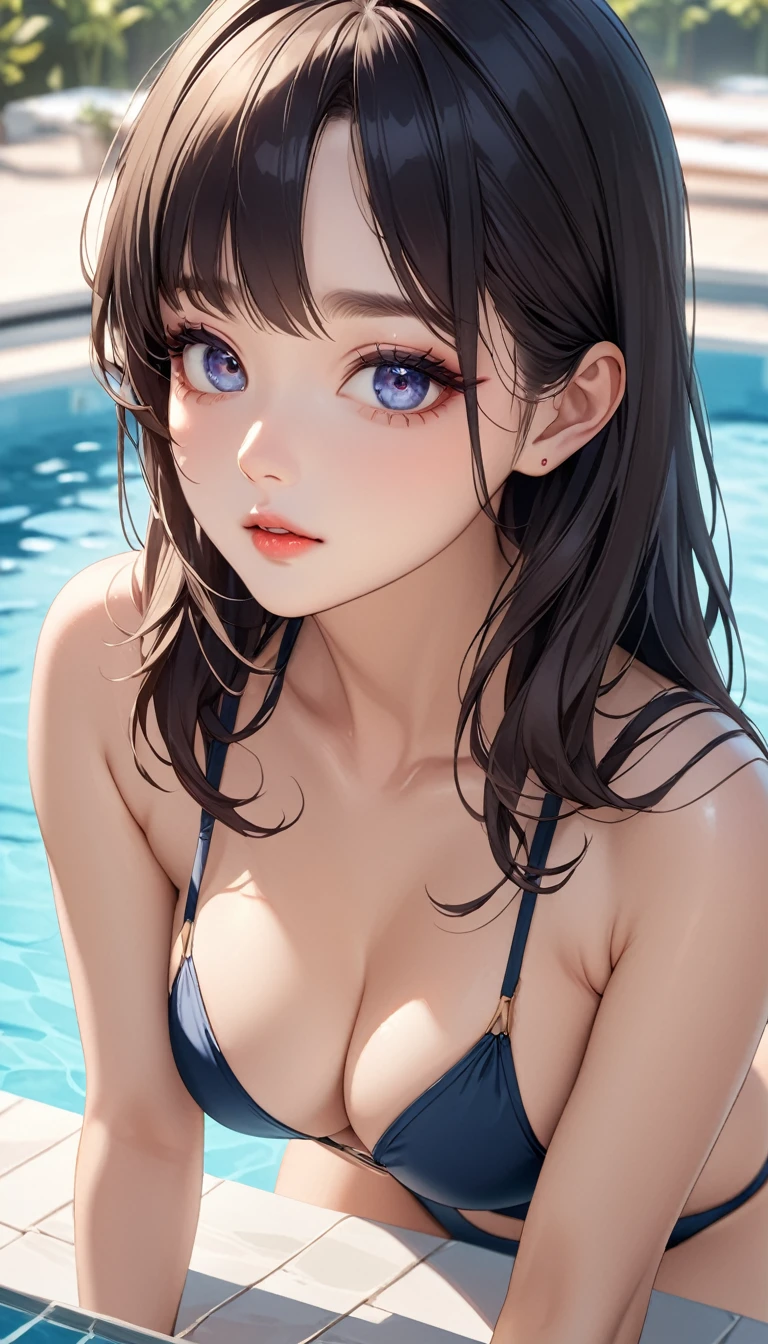 masterpiece, high resolution, beautiful woman, Korean Beauty, 30 years old, sexy swimsuit, beautiful woman, pool, looking at me, (high resolution face), (high resolution eyes), (high quality eyes)
