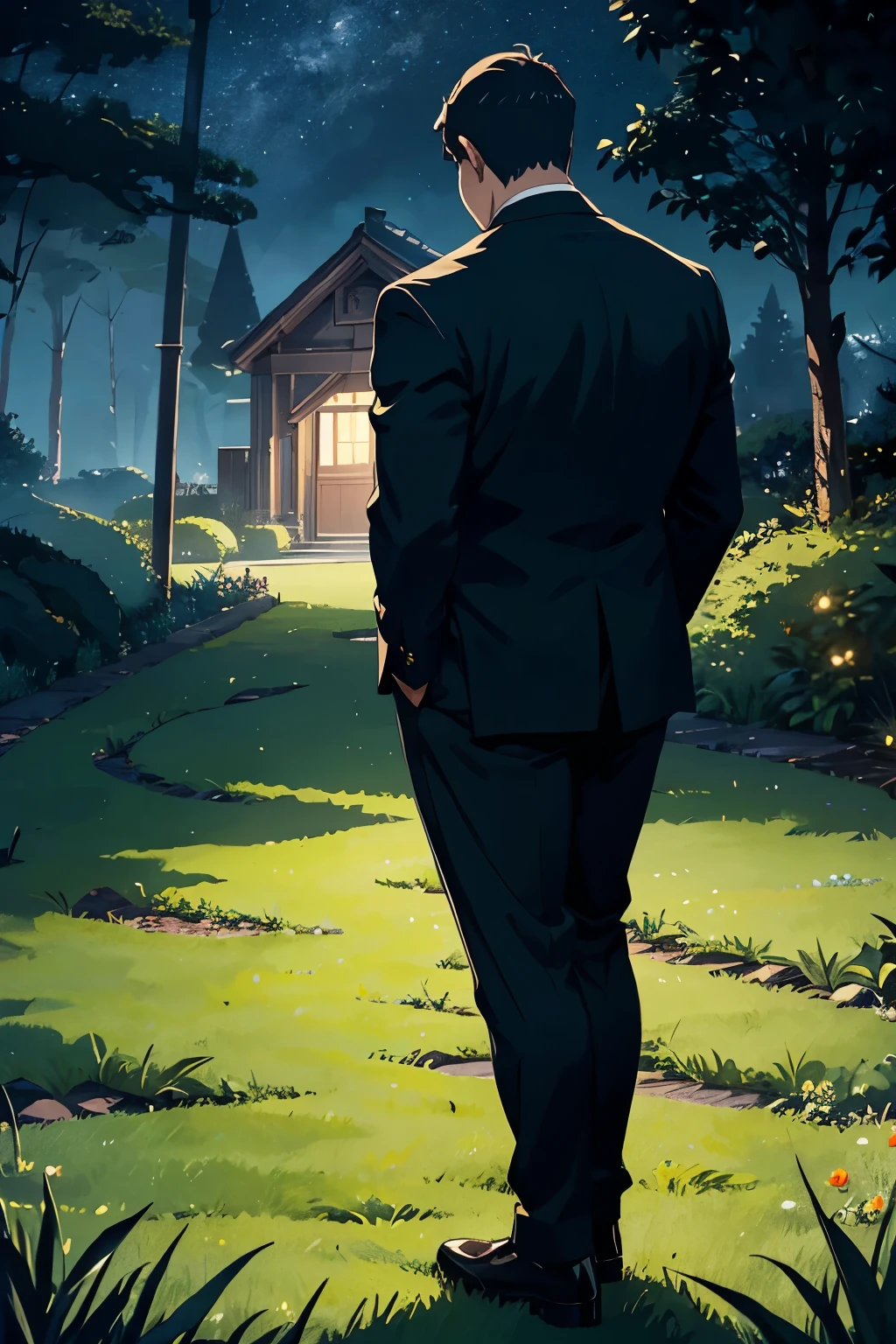 A gentlemanly middle-aged man standing on the grass for 30 years、Are fat、Angle from the rear、In a suit、Dark and mysterious atmosphere at night、From the feet to the whole body、