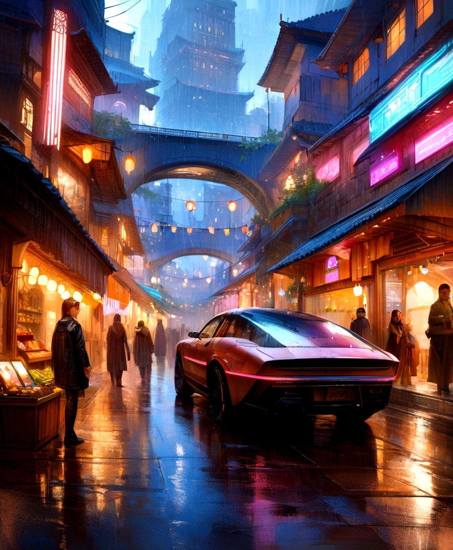 ((masterpiece)),((Highest quality)),((High detail)),((Realistic,)) Future City, There is a deep canyon in the middle, Architecture Street, Bazaar, bridge, cyber punk, European architecture, Rainy night, neon, Futuristic bikes