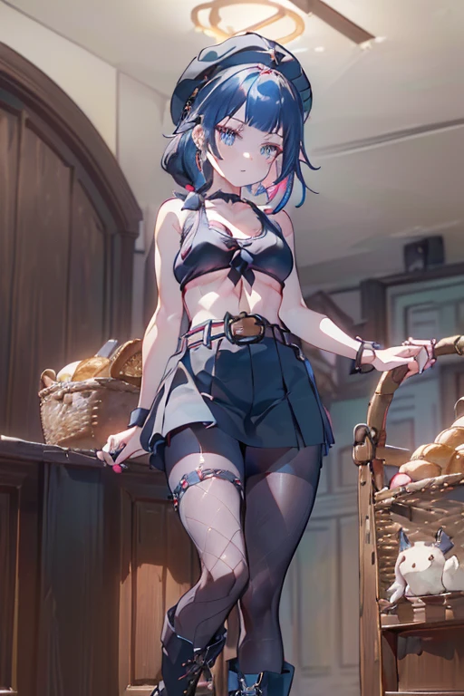 (perky chest:1.2), (pointed chest:1.2),(((Black Tunic:1.3))),(((cakes and bread in the basket),Cute and beautiful girl,masterpiece、highest quality、Very detailed、Beautiful fine details、One Girl、Detailed landscape、Training gym Room Background:1.4、Braided Ponytail、Red camisole、((B cup breasts, Tank top showing underboob:1.3)), black jacket, thigh strap, bangs, necktie, earrings, nail polish, fishnet pantyhose, multicolored hair, looking at viewer, full body, bottle, own hands together, belt, food, animal on head, black necktie, ring, choker, english text paper:1.2, collared shirt, blue eyes, platform boots, hat,lace-up boots ,
