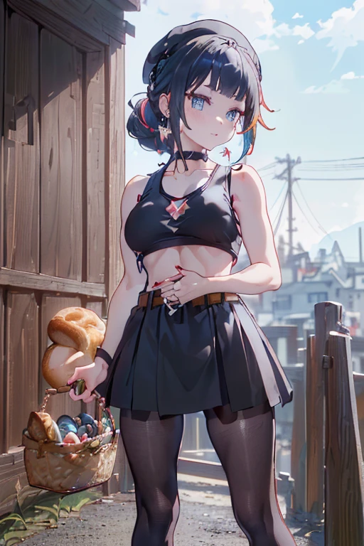 (perky chest:1.2), (pointed chest:1.2),(((Black Tunic:1.3))),(((cakes and bread in the basket),Cute and beautiful girl,masterpiece、highest quality、Very detailed、Beautiful fine details、One Girl、Detailed landscape、Training gym Room Background:1.4、Braided Ponytail、Red camisole、((B cup breasts, Tank top showing underboob:1.3)), black jacket, thigh strap, bangs, necktie, earrings, nail polish, fishnet pantyhose, multicolored hair, looking at viewer, full body, bottle, own hands together, belt, food, animal on head, black necktie, ring, choker, english text paper:1.2, collared shirt, blue eyes, platform boots, hat,lace-up boots ,