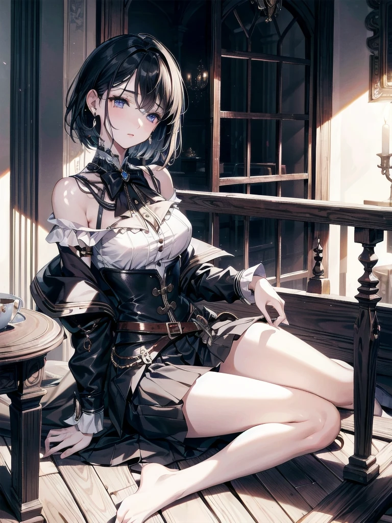 absurdres, RAW photo, extremely delicate and beautiful, masterpiece, Best Quality, ultra high resolution, 32k, hyperrealistic, ultra-detailed, delicate facial features, beautiful detailed woman, tearful mole, earring, medium breasts, full body shot, medium hair, black hair, steampunk fashion, blouse, short skirt, off shoulder,
