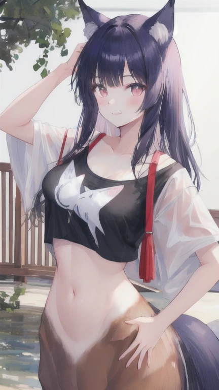 (best quality, masterpiece), 1 girl, centaur, It takes, White skin, Korean ,daughter,black pink,Smiling, exposing the abdomen, belly button t-shirt , 아름다운 소녀 perfect wild wolf photo, perfect wild wolf photo