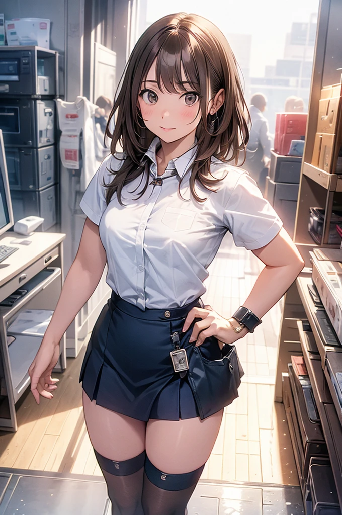 kuwanamaki, black hair with brown highlights, red eyes, white shirt, short pleated skirt, cleavage, (leaning forward), teasing grin,