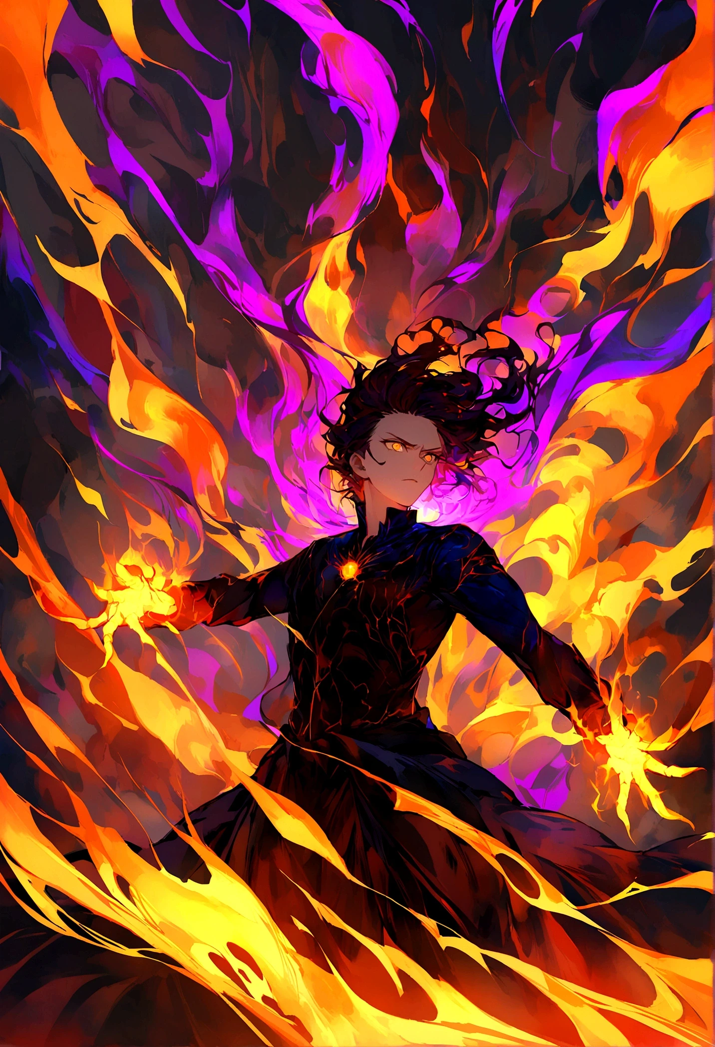 Tanjiro Kamado's dynamic pose, rendered in vibrant, atmospheric digital art, captures the intense moment as he unleashes his demonic power in a whirlwind of motion, his eyes aglow with a fierce inner light, his limbs and torso blurred in a dynamic swirl of energy, set against a backdrop of fiery oranges and yellows, with hints of darker, moodier blues and purples, evoking a sense of frenetic action and heroic determination, as if the very fabric of reality is bending to his will.