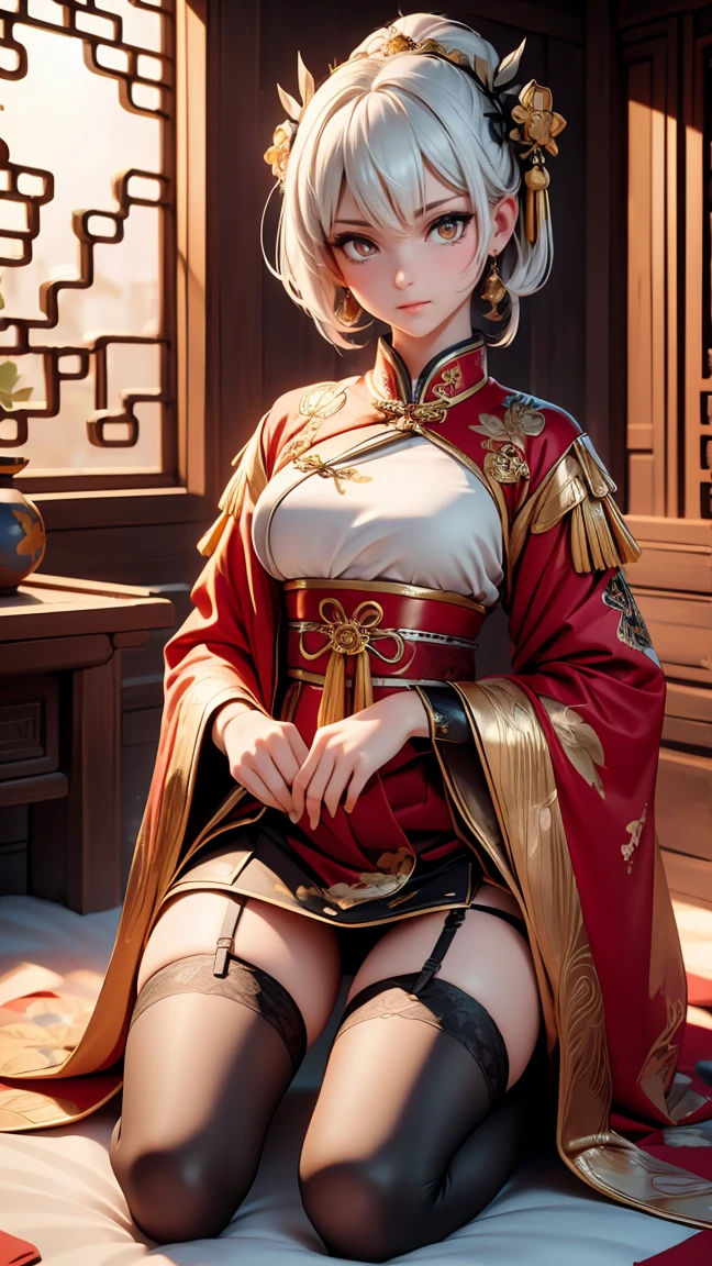 A very beautiful 19 year old woman, ((white hair: 0,3)), bob haircut, shorth hair, ((yellow eyes:1,2)) ((Glowing gold Eyes:0,3)) red nails, young and beautiful face, brawny, slim body, but well proportioned, perfect white skin, high detailed drawing, lifelike face. (((Wearing traditional Chinese imperial clothing, black with gold decorations:0,8))) ((black clothes with gold details:0,3)) ((black cloak with golden decorations:0,3)) ((black dress with gold details,)) (((red skirt with gold details:0,8))) ((red short skirt:0,3)) ((red skirt with gold details:0,3)) ((with red Hanafuda earrings:0,3)) ((black garter belt with thigh high stockings:0,3)) Kneeling on a white bed in an ancient Chinese room, with full moon and stars visible through the window at night, with flashes of light reflecting off your body. 4k anime art, perfect lighting.