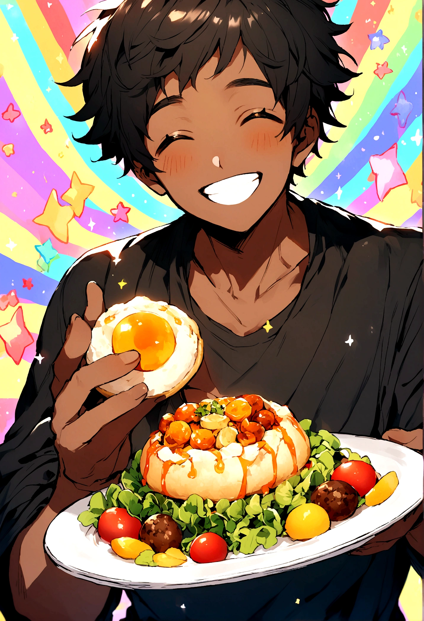 Create image of a happy black boy with a plate of food in his hand