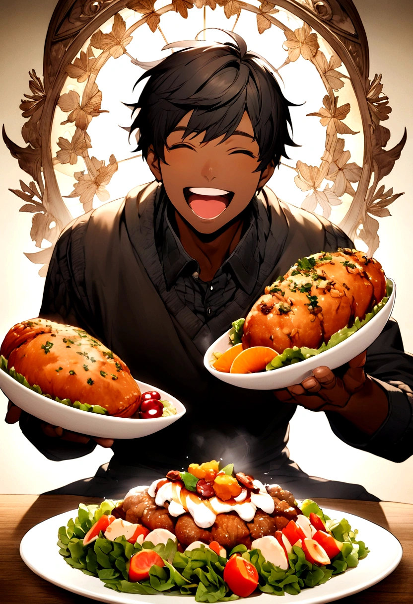 Create image of a happy black boy with a plate of food in his hand