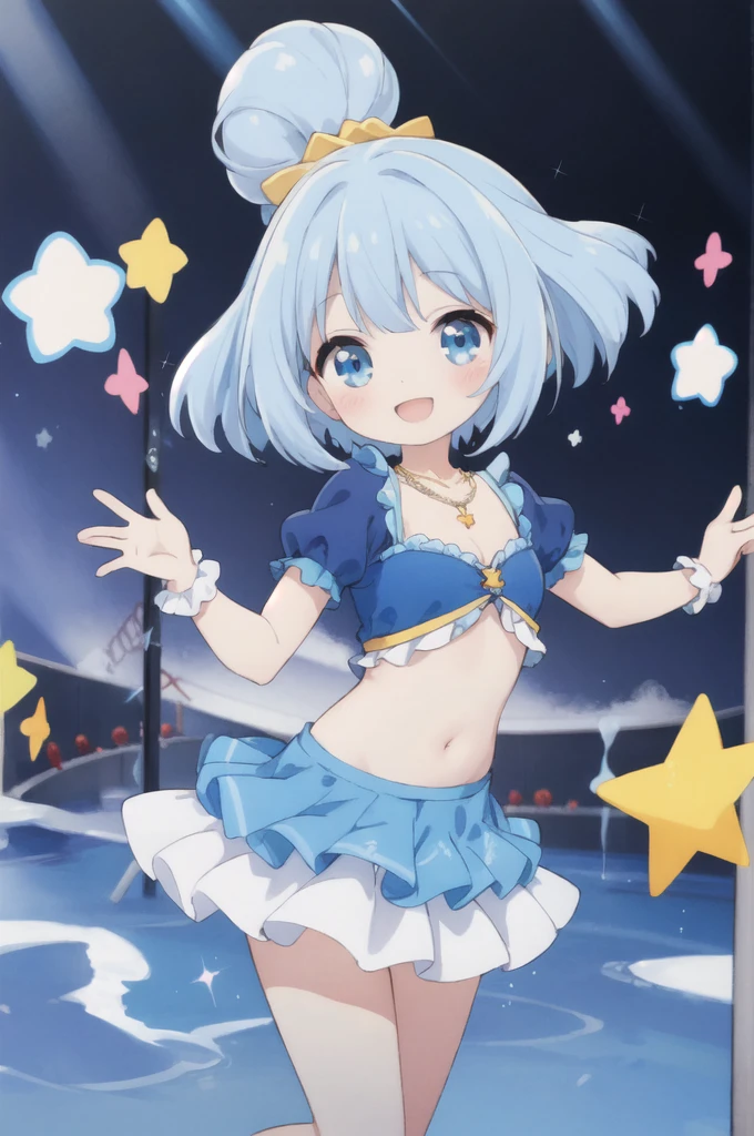 ((masterpiece、Highest quality))Women、Cleavage、cute、cute、Belly button、My Favorite 、solo、Idol、Light blue skirt、Light blue hair、Short Bob、Light blue eyes、Blue ribbon、Scrunchie、Pleated skirt、smile、necklace、fish、smile、dance、sing、Line of sight、Sparkling、Red cheeks、Vocalist、Pretty Cure Costume、 Loud cheers、Surrounded by music、cuteポーズ、Splash、