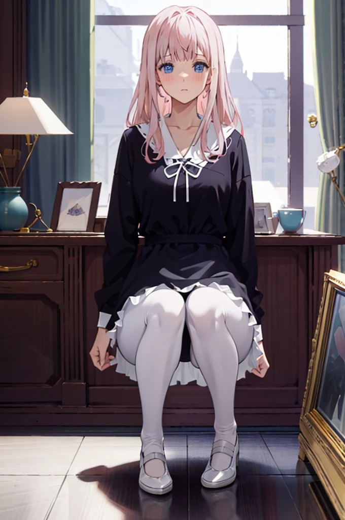 、Pink Hair、Medium Hair、、Pale blue eyes、Head to toe full body、Blushing、Embarrassed look、Composition from the front、A view from slightly below、Sit facing forward、No shoe-shaped legs、squat、Spread your legs in an M shape、Grab my leg、、、blazer、White blouse、Navy blue ribbon、Short pleated skirt、White panties、black pantyhose、(black_pantyhose):1.2)、White panties are visible、bedroom、Inside the room、Daytime、Panty shot、Staring at the audience、Thin legs、Thin thighs、Slim toe、Squatting on the stairs