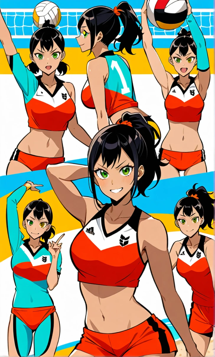 Woman, Athletic and toned body, light skin tone, long black hair tied in a ponytail, green eyes with a penetrating and seductive look, breasts big, exciting look, Beachwear, blushed face, haikyuu, comic style, [single image], In the background there is a sand volleyball court, cute pose, right hand with two fingers raised making a V, the other hand on your thigh, sweet smile
