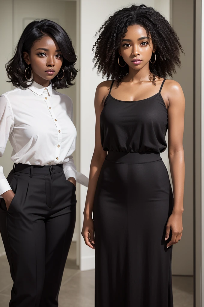 dark skin woman, medium curly hair and black eyes adult woman standing