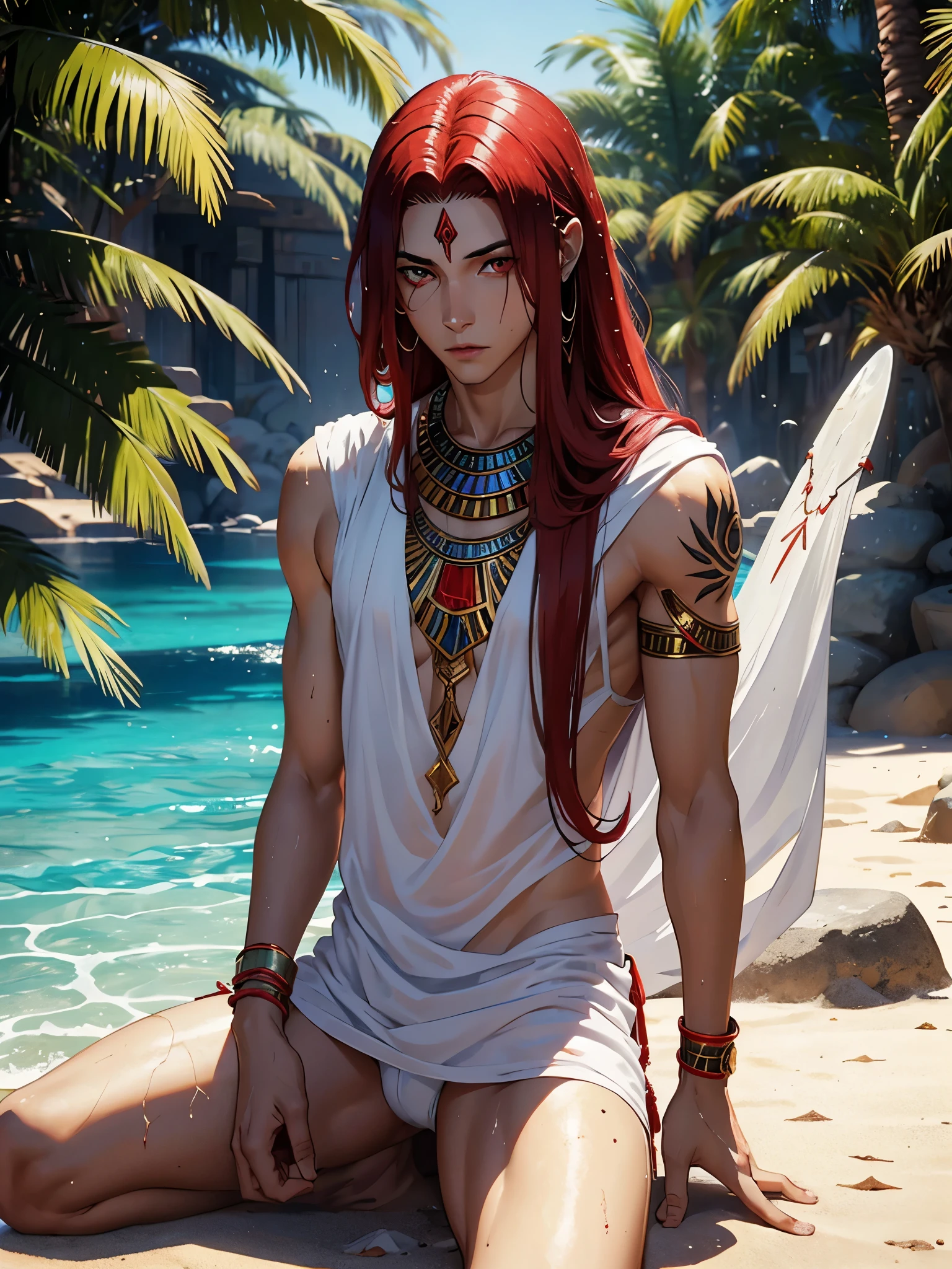 Egyptian God Seth. long red hair, White clothing, Egyptian clothing, silver jewelry. light skin. red eye. erotic. Hot. one person. A young feminine man. Desert. aquatic. wet. humid. Black tattoos