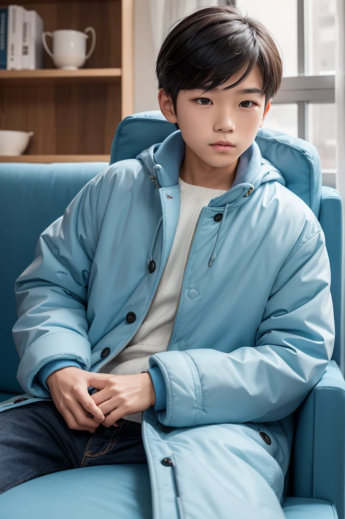 Cute Asian boy, wearing light blue coat, straight hair takes care, sitting on the couch 