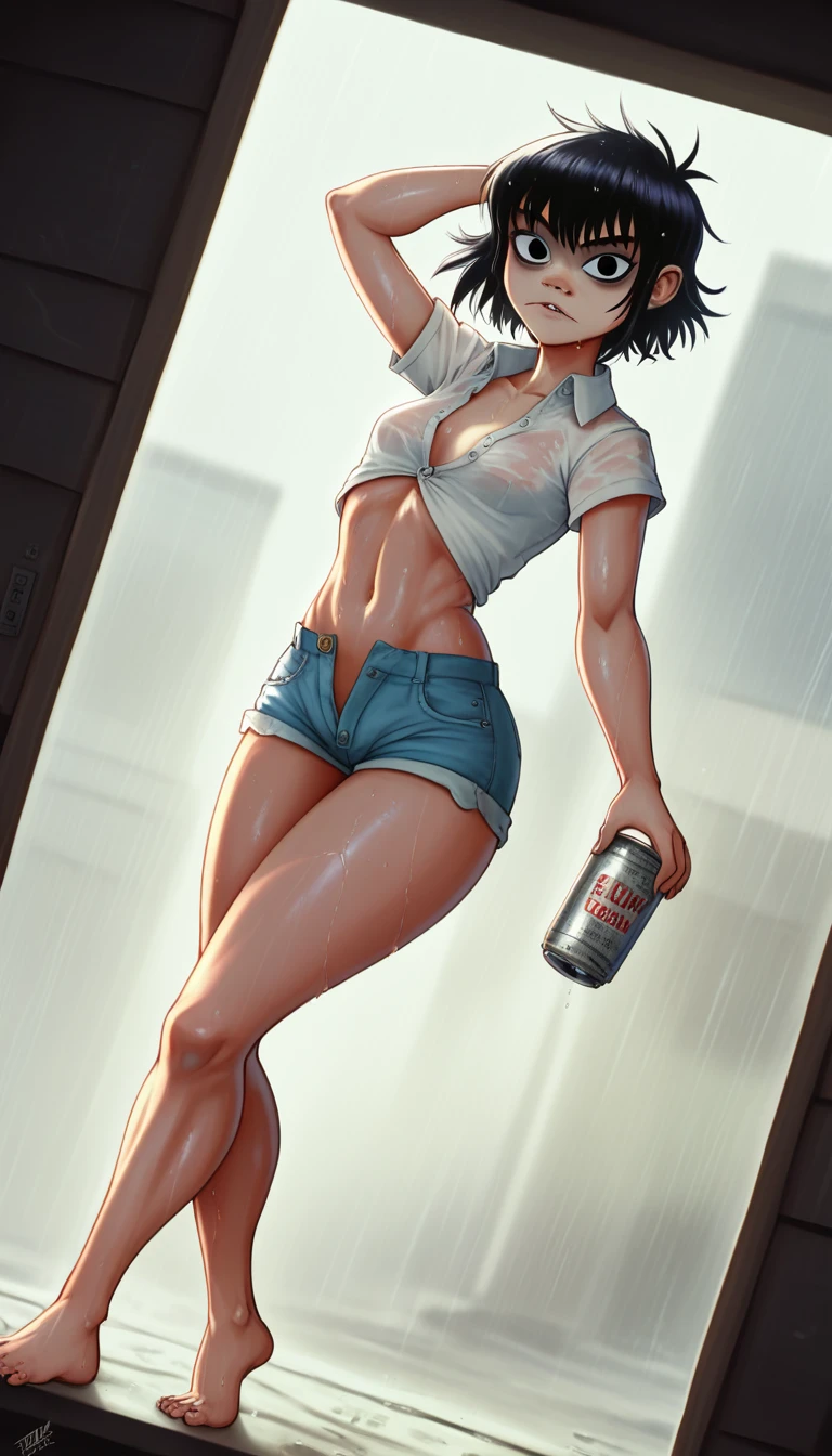 (masterpiece, best quality:1.2), noodle (gorillaz), full-body shot ,black hair, 1girl, streaked hair, black eyes, multicolored hair, bangs, parted lips, breasts, small breasts, bob cut, thick butt, White background, ((white unbuttoned crop-top, unbuttoned short shorts, barefoot)), masterpiece, best quality, absurdres, highres, 4k, ray tracing, perfect face, perfect eyes, intricate details, highly detailed, (best quality:1.33), (masterpiece:1.42),(semi realistic:1.3), (detailed:1.15),(skin details), Dappled Light, analog style (look at viewer), (skin texture), (realistic texture skin), cinematic light, side lighting, ultra high res, best shadow, RAW, (Dutch angle:1.1), lightroom, cinematic, hdr, raw, (intricate:1.4), high quality, soothing tones, intricate details, low contrast, extremely high quality RAW photograph, detailed background, intricate, Exquisite details and textures, highly detailed, ultra detailed photograph, warm lighting, 4k, sharp focus, high resolution, detailed skin, detailed eyes, 8k uhd, dslr, high quality, film grain, Fujifilm XT3,
Rainy Day: The diffused light and wet surfaces on a rainy day can create a moody and atmospheric environment, perfect for capturing reflections and street photography.,