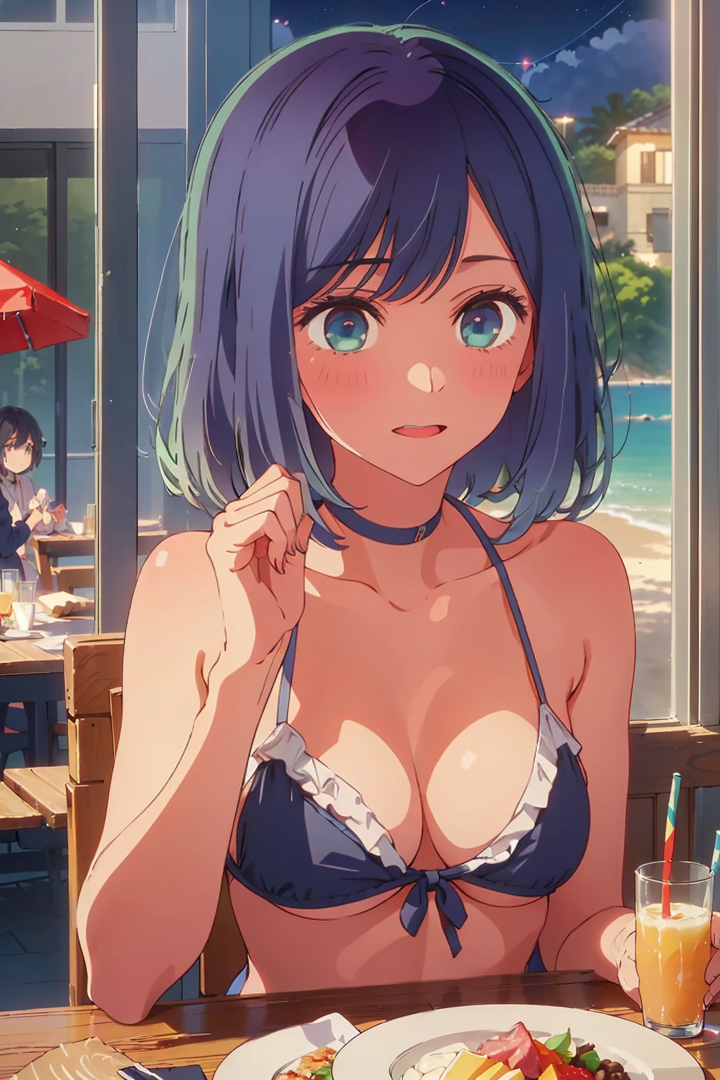 (Highest quality:1.4、masterpiece:1.4、Super detailed:1.4、8K:1.4)、((((1 person、Surprised expression、sit、Outdoor café terrace、coastal、juice、table、Sandy Beach、juiceのグラスを持つ、Plain Bikini、Very soft boobs、Big eyes、Very cute face))))、(moonlight:1.4、at night:1.4)、F cup bust、Medium breast