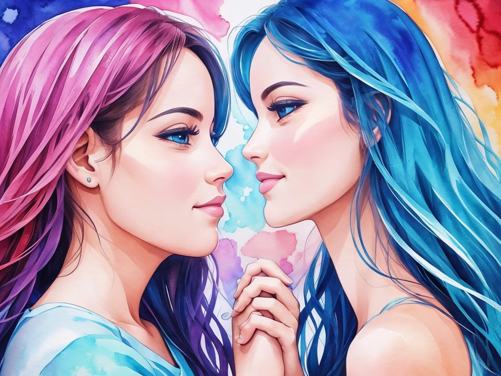 A couple holding hands, with their faces facing each other, in watercolor style. Your eyes connect in a deep and meaningful look, while their stylized hearts emanate rays of oxytocin. Vibrant colors convey the intensity of emotion and the strength of the bond between them.