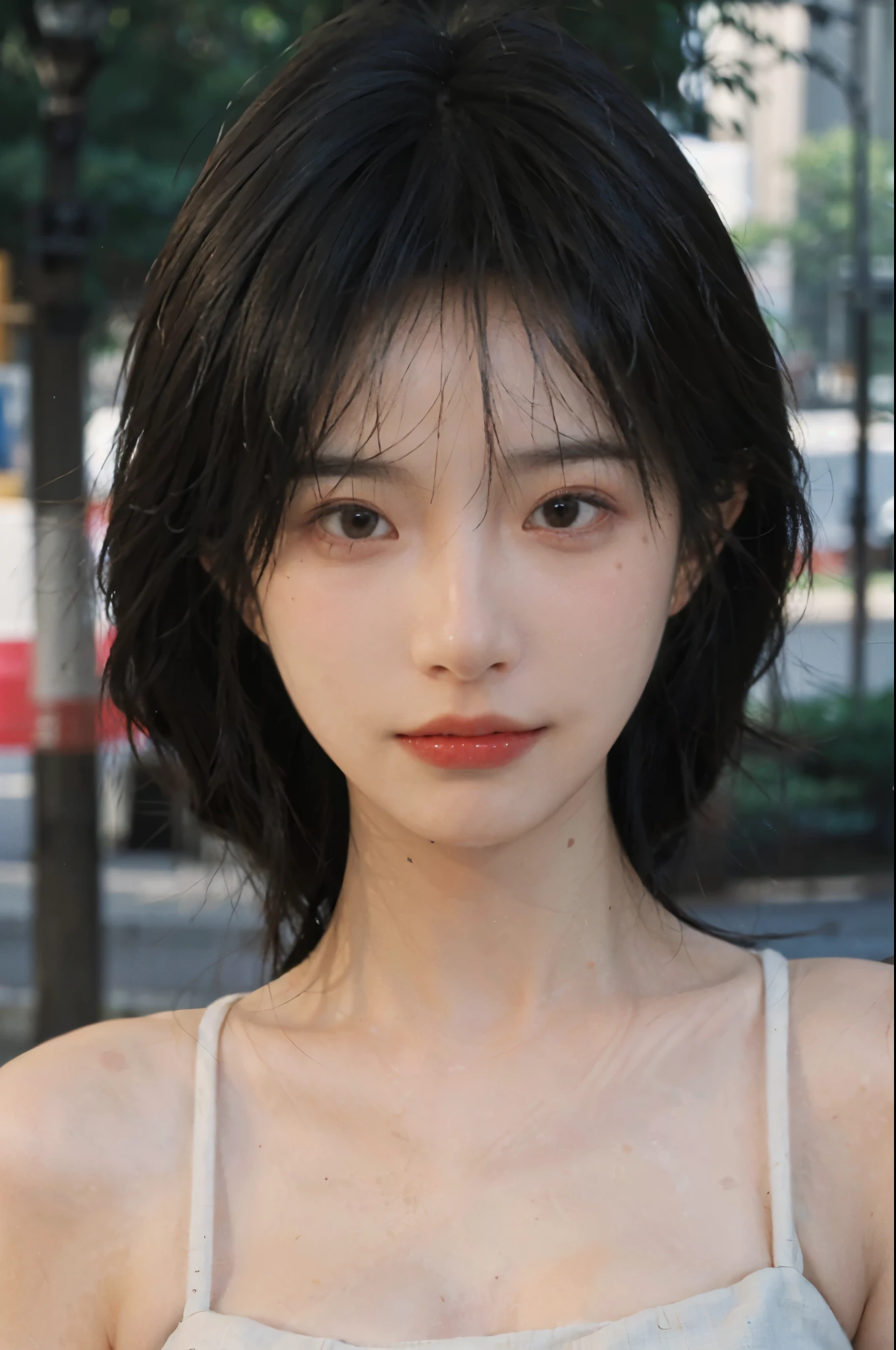 (Skin details:1.4), (smooth skin textures:1.3), Lipstick, background, earrings, Serene, calm, (Realistic and detailed eyes:1.2), (Large Breasts:1.3),Natural skin texture, Realistic facial details, Soft dramatic lighting, Vivid details, 35 mm film, outdoor, (Photo Practical:1.4), (hyper Practical:1.4), (Practical:1.3), (Smoother lighting:1.05), (Improve lighting quality:0.9), (Highest quality real skin textures:1.4), Exquisite eyes, Delicate face, Close-up of face, (Enhance the beauty of skin texture:1.1), Hair details, Model,normal body ratio, short hair, Moles under the eyes, Park background,Portrait Photography, Depth of Field, bokeh, Surrealism, Ray Tracing, (Portrait Photography:1.1), Surrealism, High Detail, clair obscur, Ray Tracing, reflected light, ultra HD, ultra HD, masterpiece, Textured Skin, Super Detail, High Detail, high quality, best quality
