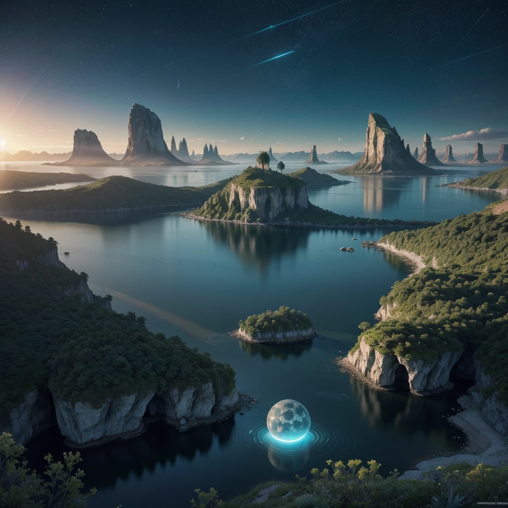Create an ultra-realistic image of a breathtaking, futuristic landscape inspired by the Halo series, set during the day. The scene should depict a vast alien planet with an expansive, open horizon bathed in daylight. Include towering, crystalline structures that glisten under the bright sun, reflecting and refracting light in a mesmerizing way. Surround these structures with lush, bioluminescent flora, which glows softly even in daylight, creating a surreal and otherworldly atmosphere.
The sky should be a vibrant blue with a few scattered clouds, and several luminous moons and distant planets visible. Add floating platforms or islands suspended in the air, connected by elegant, futuristic bridges. Incorporate a serene river that winds through the landscape, with its waters sparkling under the sunlight.
In the foreground, place a few alien wildlife forms, like elegant, luminescent creatures grazing near the river or hovering near the crystalline structures. The background should include distant mountains with peaks that pierce the sky, and a gentle mist that adds depth and mystery to the scene. The overall ambiance should be peaceful and awe-inspiring, highlighting the blend of natural beauty and advanced alien technology