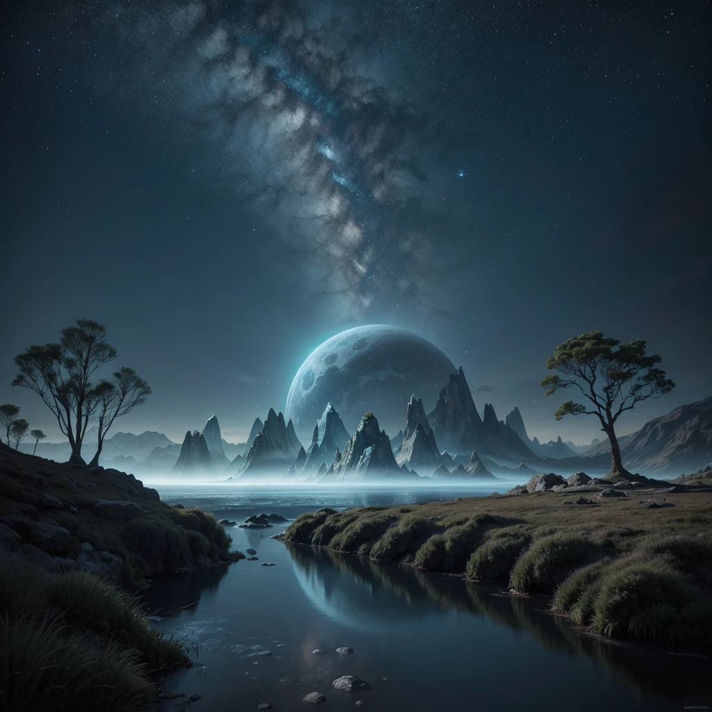 Create an ultra-realistic image of a breathtaking, futuristic landscape inspired by the Halo series, set during the day. The scene should depict a vast alien planet with an expansive, open horizon bathed in daylight. Include towering, crystalline structures that glisten under the bright sun, reflecting and refracting light in a mesmerizing way. Surround these structures with lush, bioluminescent flora, which glows softly even in daylight, creating a surreal and otherworldly atmosphere.
The sky should be a vibrant blue with a few scattered clouds, and several luminous moons and distant planets visible. Add floating platforms or islands suspended in the air, connected by elegant, futuristic bridges. Incorporate a serene river that winds through the landscape, with its waters sparkling under the sunlight.
In the foreground, place a few alien wildlife forms, like elegant, luminescent creatures grazing near the river or hovering near the crystalline structures. The background should include distant mountains with peaks that pierce the sky, and a gentle mist that adds depth and mystery to the scene. The overall ambiance should be peaceful and awe-inspiring, highlighting the blend of natural beauty and advanced alien technology