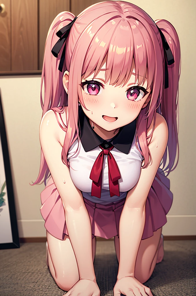 (1girl in:1.2), (Solo:1.2), nffsw、Shaders、Brilliant Textured Work、Ultra-detailed eyes、ultra-intricate pupil in eyes、top-quality、game cg、stylish pose、(loose socks:1.3)、Pink hair、bright hair、Glistening hair、red eyes、drooping eyes、Meek smile、Calm smile、Enraptured face、Sexy face、student clothes、Plaid miniskirt、on the beds、Physical education sitting、Pink blush、loose long hair、Loose and fluffy hair、Ribbon hair ornament、