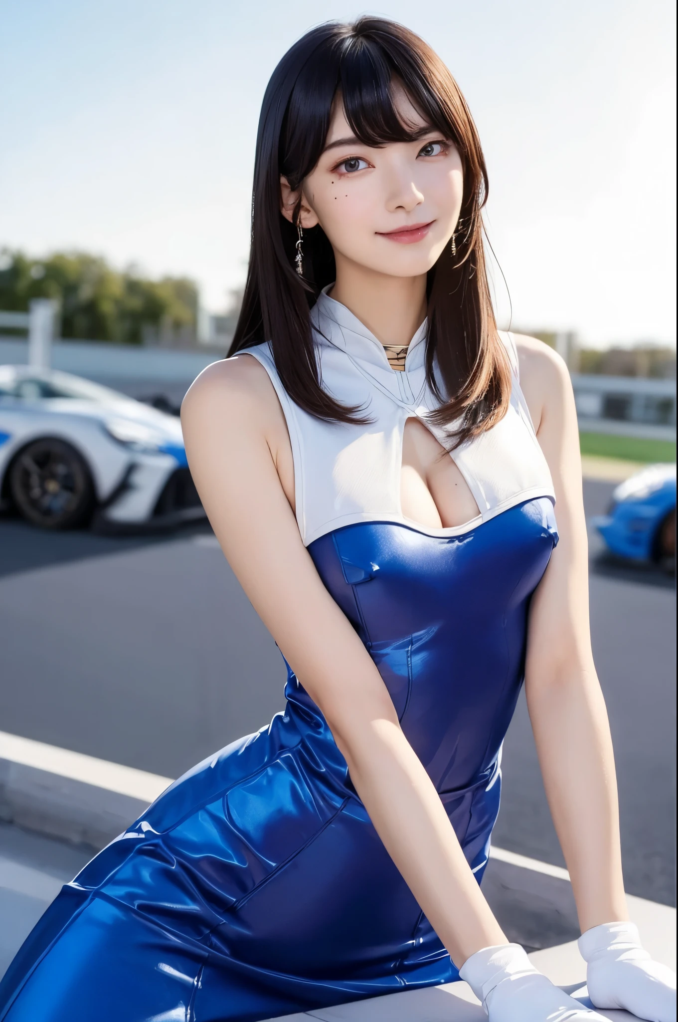 ((Medium Long Hair:1.3)), ((straight legs:1.3)),(Mole under the corner of the right eye:1.2),8K, Tabletop, RAW Photos, Highest quality, Very detailedな CG Unity 8K 壁紙, Written boundary depth, Natural light, Lens flare, Ray Tracing, (Very beautiful face, Beautiful Lips, Beautiful Eyes), Exquisitely detailed face, ((Very detailedな肌)) One Girl, Cute Korean Girl, K-POPアイドル, ((1 Girl)), (Very slim and slender fit muscular body:1.3), ((The whole body is facing upwards:1.3)),((View your audience)),(A shy smile:1.3), Clear Eyes, (Pale skin), (Big eyes),(Black Hair),, ((Her cleavage is visible:1.3)),Open chest, Very slim, Medium Chest, in front of the eyebrows, Thick thighs,D cup breasts,Highest quality, Highest quality, 16K, Unbelievably absurd, Very detailed, 2.5D, delicate and dynamic, blue sky, Confetti, Racing Car, flag, Very delicate facial expressions, Delicate eye depiction, Very fine hair,erotic, Sexy Woman, Healthy body shape, Race Queen,  Large, firm, swaying bust, Sexy long legs, Glowing Skin, , ((派手なRace Queenのコスチューム, Blue tight skirt, White Leather Long Boots, Formula 1, 自動車Racetrack、Audience seats、Stadium、A blue sports car is parked in the background、Racetrack))、Racing Car、Embellished bodysuit、Lined bodysuit、Plaid、looking at the camera、Hair blowing in the wind