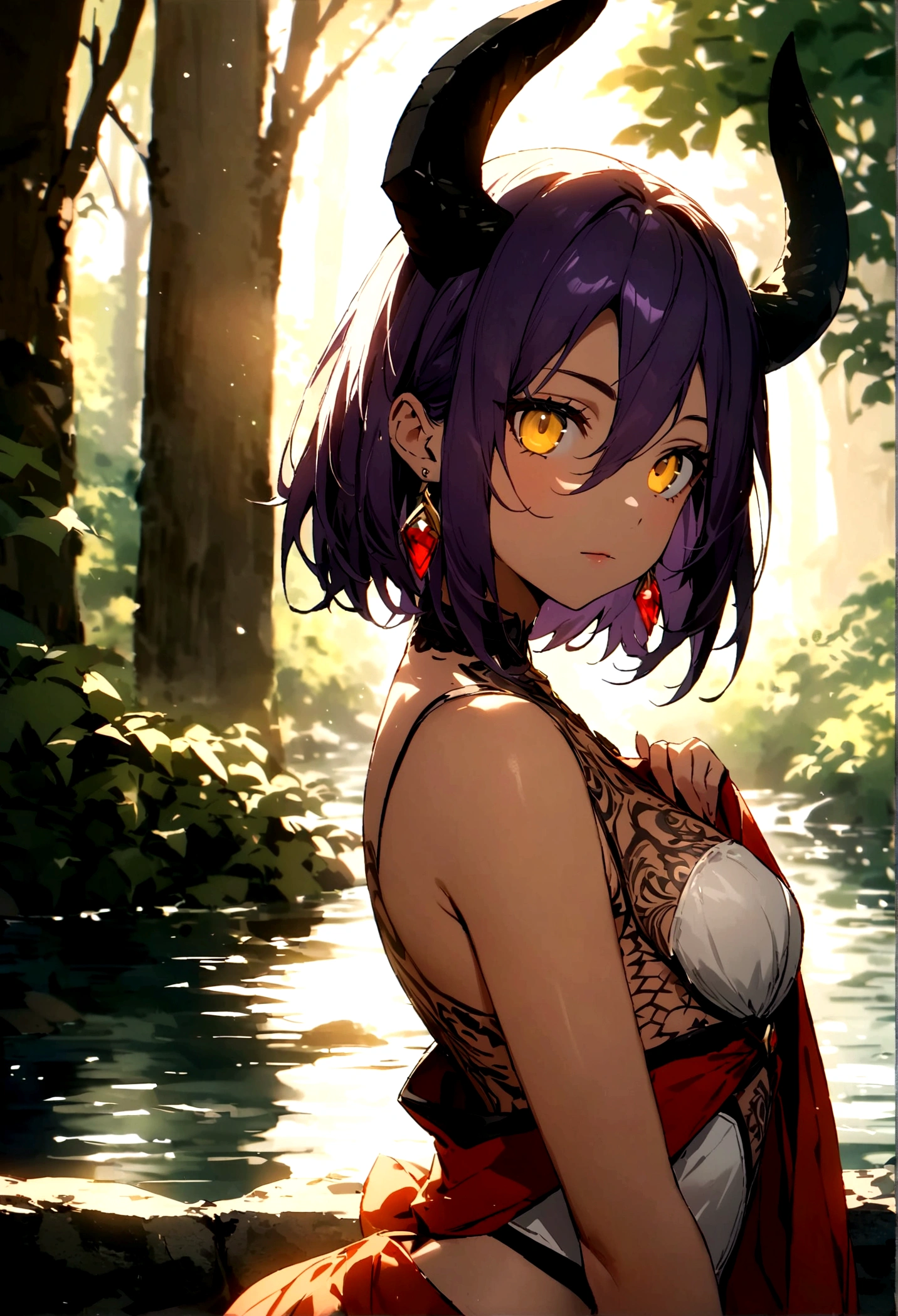 art modern 8k full HD Girl Naruto crut espetado hort raspado baixo molhado com gel yelow purple brilhante hair Touro horns, hair diamond , black fire eyes fair skin smooth metal earrings, patterned Nordic evil face + tatuagem de cobra em volta dos olhos head raised elegant standing stunning beauty, pure perfection night On the water half body, forest, depth of field, staring at the camera, two-dimensional desenho a lápis 8b giz de cera em grafite perfeito riscos fortes style