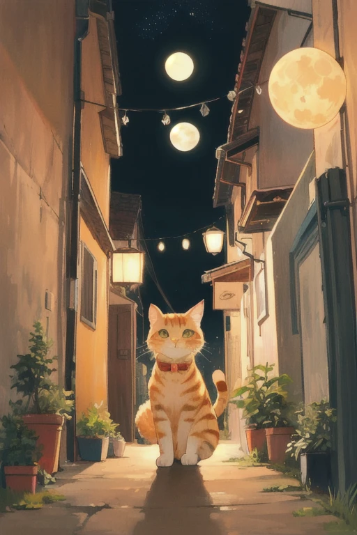 Cat,orange,cute,Big eyes,masterpiece,full moon,alley