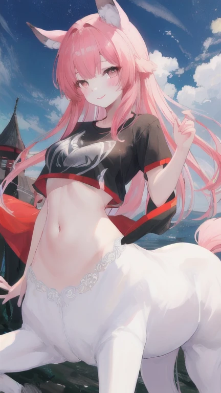(best quality, masterpiece), 1 girl, centaur, It takes, White skin, Korean ,daughter,black pink,Smiling, exposing the abdomen, belly button t-shirt , 아름다운 소녀 perfect wild wolf photo, perfect wild wolf photo