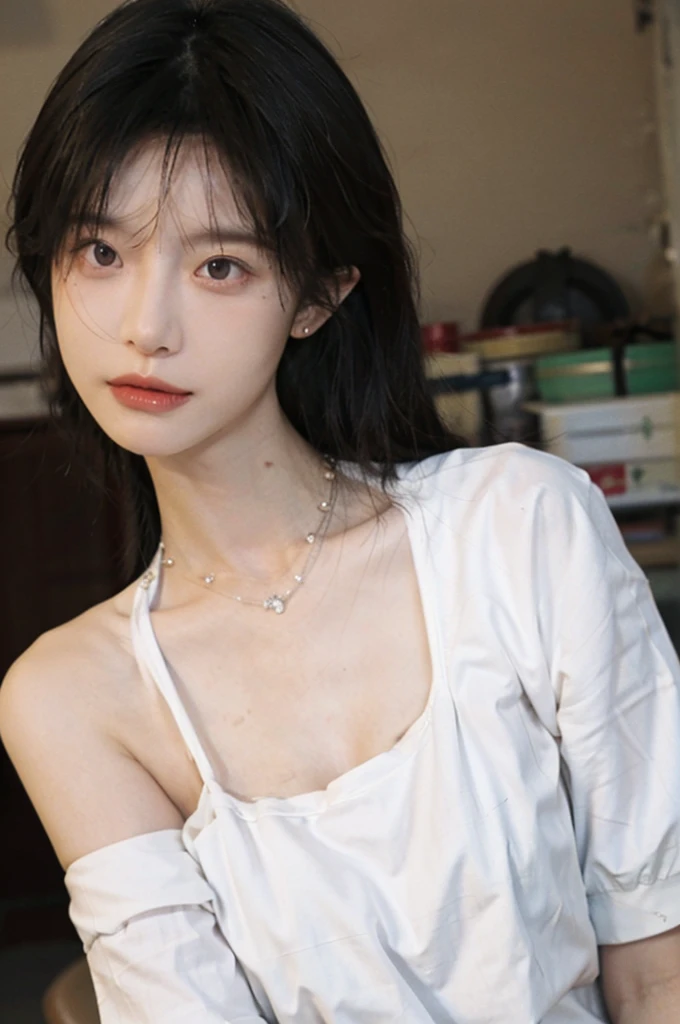 Film portrait photography, 1 girl, bare shoulders,lipstick,(flat chest:1.4), Shoulder length wavy hair, wear necklace,scarf,earrings,short sleeves,serene, calm, (Realistic and detailed eyes, natural skin texture, Realistic facial details), Soft dramatic lighting, depth of field, Bokeh, big breasts,Areola,split,cleavage,Vibrant details, Detailed and detailed, surreal, 35mm film, hazy, ,