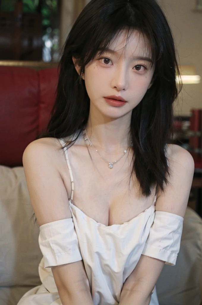 Film portrait photography, 1 girl, bare shoulders,lipstick,(flat chest:1.4), Shoulder length wavy hair, wear necklace,scarf,earrings,short sleeves,serene, calm, (Realistic and detailed eyes, natural skin texture, Realistic facial details), Soft dramatic lighting, depth of field, Bokeh, big breasts,Areola,split,cleavage,Vibrant details, Detailed and detailed, surreal, 35mm film, hazy, ,